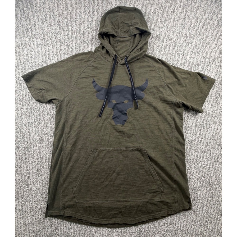 Under Armour Project Rock Hoodie Men Large Green Charged Cotton Brahma Bull Logo